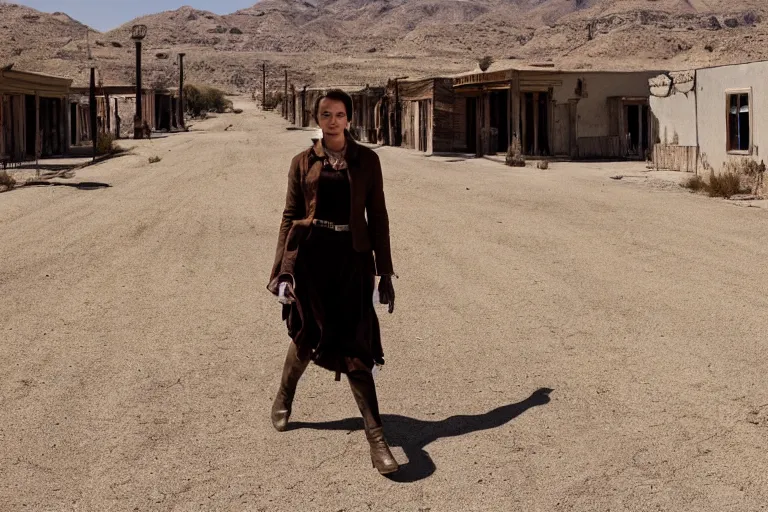 Image similar to dolores, west world, walking through an abandoned western town
