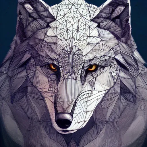 Image similar to Geometric Wolf, moon in the background, intricate, elegant, highly detailed, digital painting, artstation, concept art, smooth, sharp focus, illustration, art by artgerm