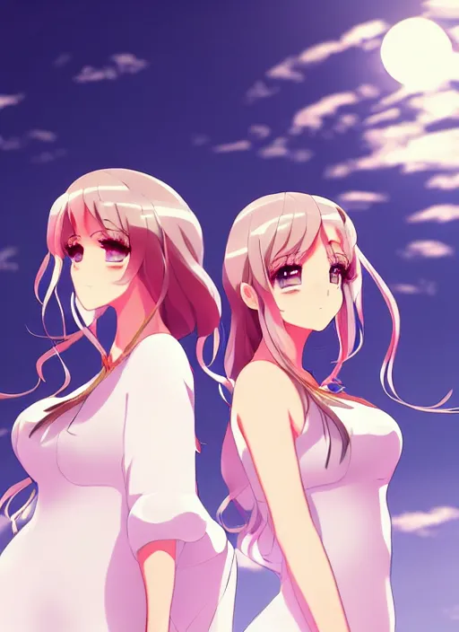 Image similar to two beautiful mothers outside in the evening, white dresses, gorgeous faces, thick lines, cinematic lighting, detailed anime art