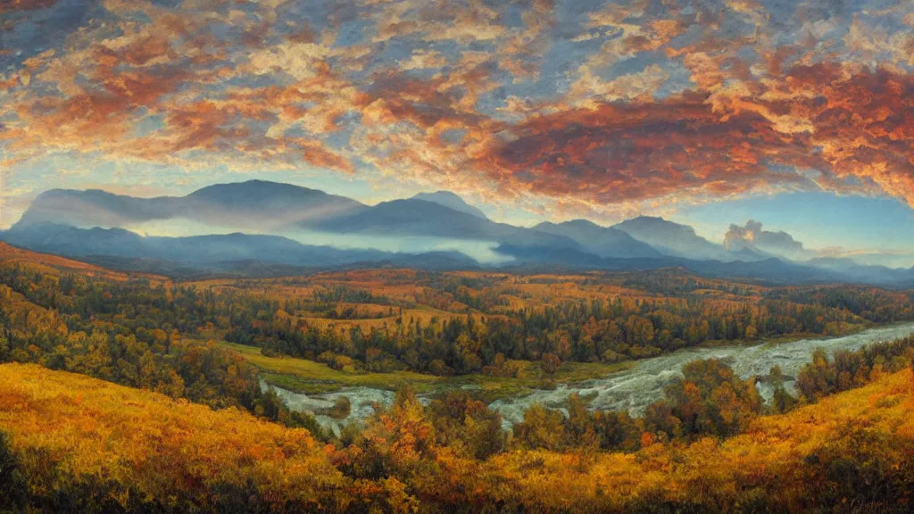 Image similar to The most beautiful panoramic landscape, oil painting, where the mountains are towering over the valley below their peaks shrouded in mist. The sun is just peeking over the horizon producing an awesome flare and the sky is ablaze with warm colors and mammatus clouds. The river is winding its way through the valley and the trees are starting to turn yellow and red, by Greg Rutkowski, aerial view