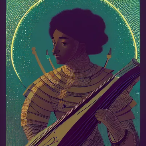 Prompt: dark - skinned male knight lute player playing the lute, victo ngai, kilian eng, lois van baarle