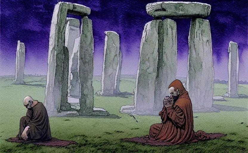 Prompt: a hyperrealist watercolour character concept art portrait of a grey medieval monk kneeling down in prayer in front of a tall alien structure built on top of stonehenge on a misty night. by rebecca guay, michael kaluta, charles vess and jean moebius giraud