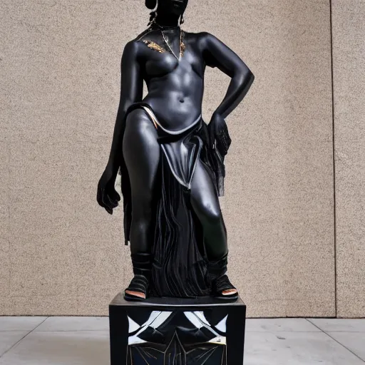 Image similar to black marble statue of a beautiful woman with colorful motocross logos in the style of virgil abloh, very very beautiful, detailed, off white, heron preston, 8 k, 4 k, detailed, beautiful, symmetrical, vogue, editorial, fashion, magazine, museum lighting, museum, gallery