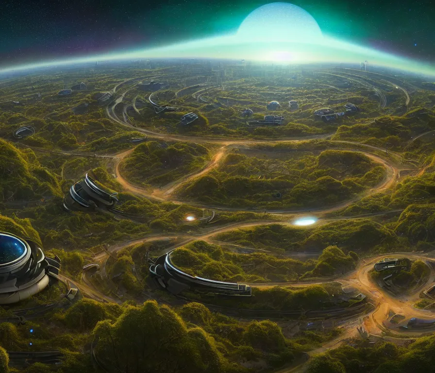 Image similar to O'Neill cylinder colony Stanford torus, view of city, hills, forest, rivers. Space colony, inside view, octane rendering, humanity's cosmic future, stellar sky, cinematic, hyperdetailed, photorealistic, hyperrealism, octane rendering, 8k, depth of field, bokeh, masterpiece, fantastic art by Simon Stalenhag, Jakub Rozalski