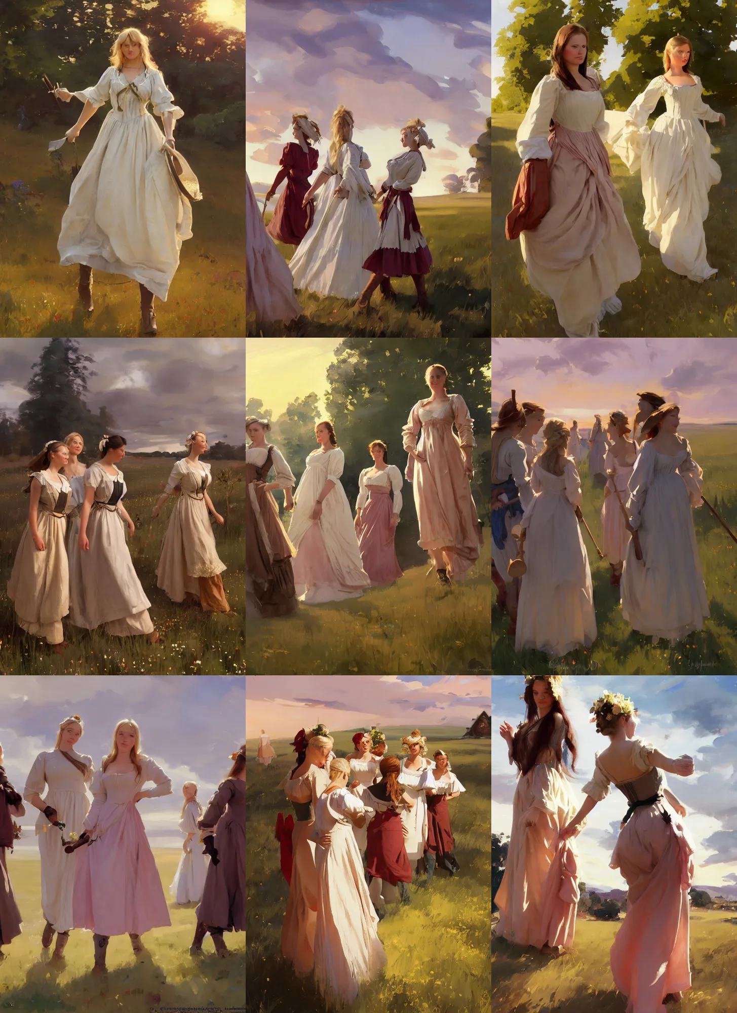 Prompt: group of beautiful finnish norwegian swedish scandinavian attractive glamour models wearing as village maidens in 1 7 th century bodice with low neckline walking in the field at sunset, jodhpurs greg manchess painting by sargent and leyendecker, studio ghibli fantasy medium shot asymmetrical intricate elegant matte painting illustration hearthstone, by greg rutkowski by greg tocchini by james gilleard