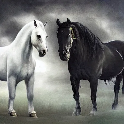 Prompt: A white ape and a black horse make up a ☯️