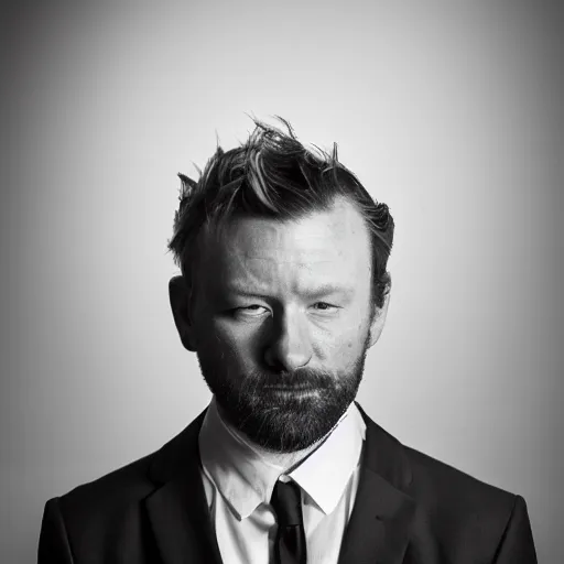 Image similar to a black and white photo of thom in a suit, a portrait by John E. Berninger, behance, private press, ultrafine detail, chiaroscuro, studio portrait