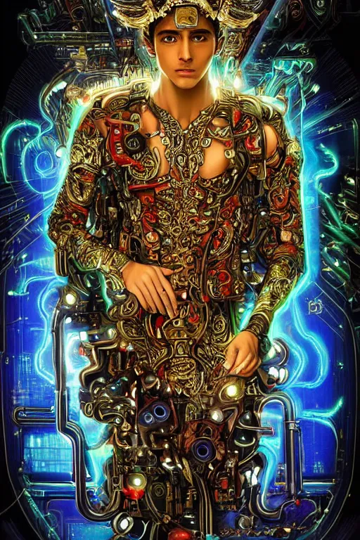 Image similar to full-body bladerunner style sculpture of a young handsome Mexican prince as a half cibernetic android with a chest opening exposing circuitry and electric sparks, glowing laser beam eyes, crown of giant diamonds, flowing neon-colored silk, fabric, raptors. baroque elements. full-length view. baroque element. intricate artwork by caravaggio. many many birds birds on background. Trending on artstation, octane render, cinematic lighting from the right, hyper realism, octane render, 8k, depth of field, 3D