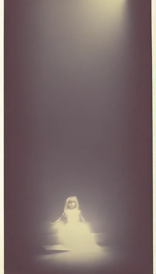 Image similar to found polaroid photo of a girl floating in a dark hallway, possessed