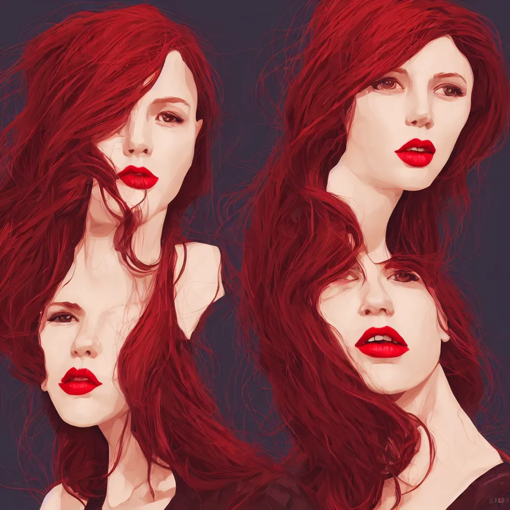 Prompt: girl with medium length red hair. thin face! red lips. centered median photoshop filter cutout vector behance hd jesper ejsing!