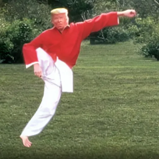 Image similar to still of donald trump as the karate kid, crane kick