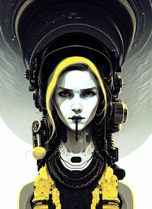 Image similar to highly detailed portrait of a cyberpunk long curly white hair tribal lady, stray wiring by atey ghailan, james gilleard, by joe fenton, by greg rutkowski, by greg tocchini, by kaethe butcher, 4 k resolution, gradient yellow, black and white color scheme!!! ( ( sandstorm robotic desert landscape background ) )