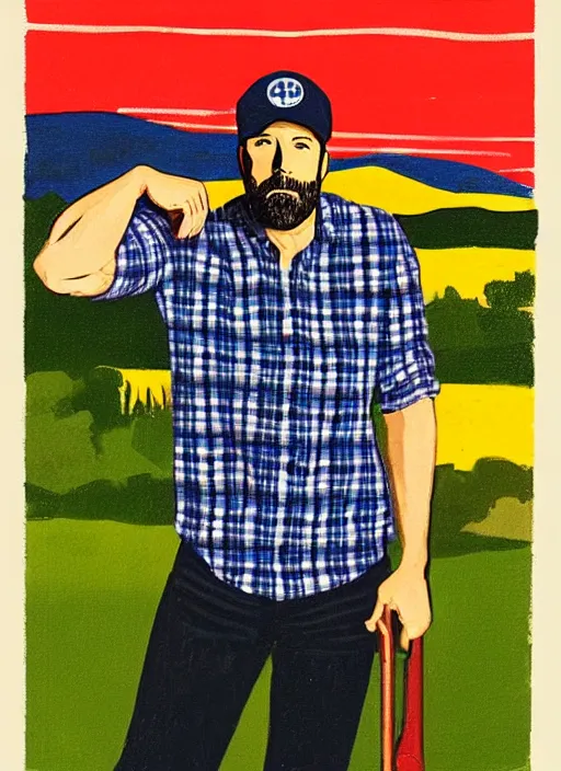 Image similar to full - body portrait of ben affleck wearing checkered shirt and white cap, holding a wrench, by billy childish, thick visible brush strokes, shadowy landscape painting in the background by beal gifford, vintage postcard illustration, minimalist cover art by mitchell hooks