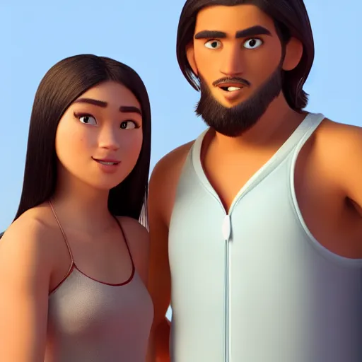 Image similar to young beautiful athletic Filipino woman with long hair standing beside a handsome caucasian athletic thin man with very short buzzed thinning hair, stubble beard on his face, blue eyes, they are posing, depicted as adult Pixar characters, high quality cg render, 4k