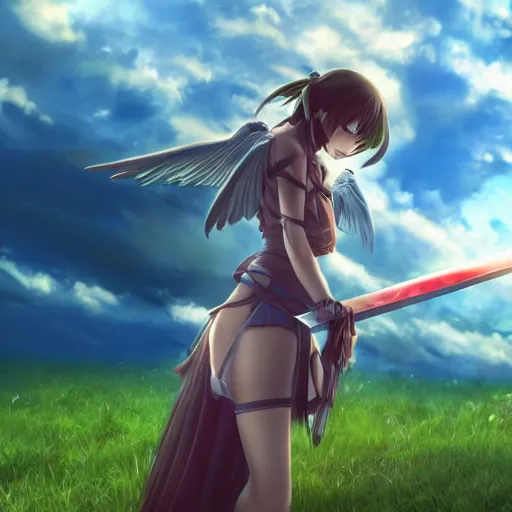 Prompt: anime girl with wings holding up a sword, portrait, epic, intense, glowing, anime, pretty, beautiful, extremely detailed, cinematic lighting, clouds, sunny, grass,