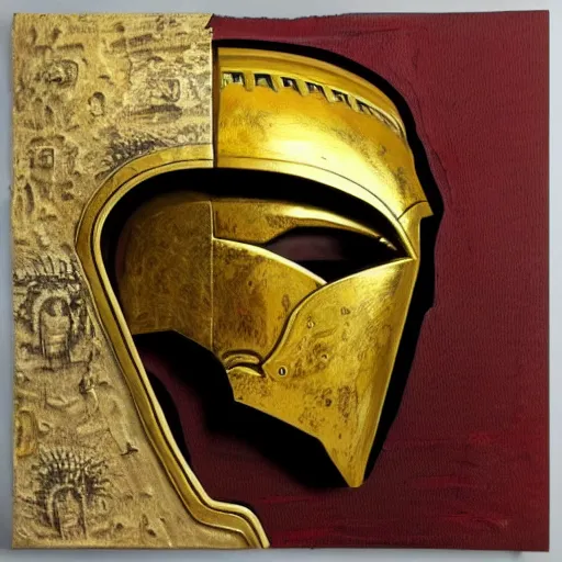 Image similar to “portrait of a spartan helmet battle damaged gold red crest dark night artwork detailed intricate”