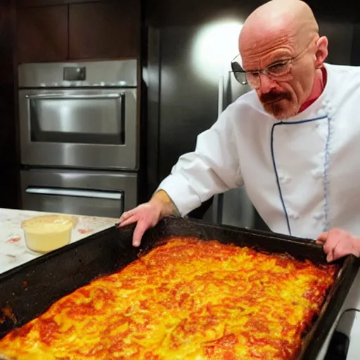 Image similar to walter white cooks an oversized lasagna
