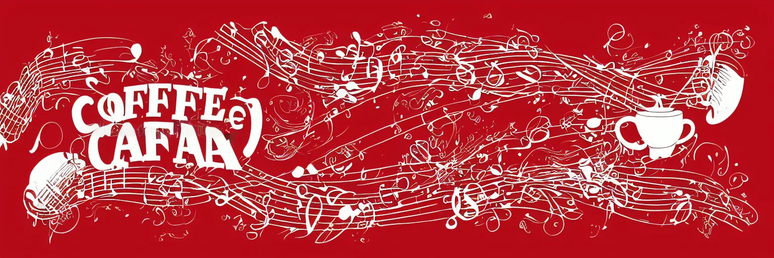 Image similar to banner design, coffee and musical instrument, vector, line art, red and white,