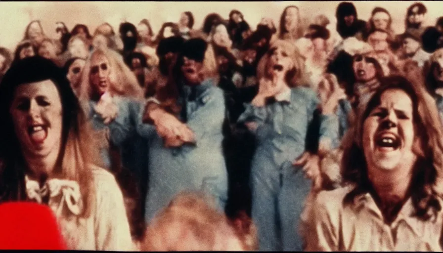 Image similar to 7 0 s film still from a horror movie with people laughing at a funeral, kodachrome, cinecolor, cinestill, photorealism, cinematic, film grain, film texture, vhs recording