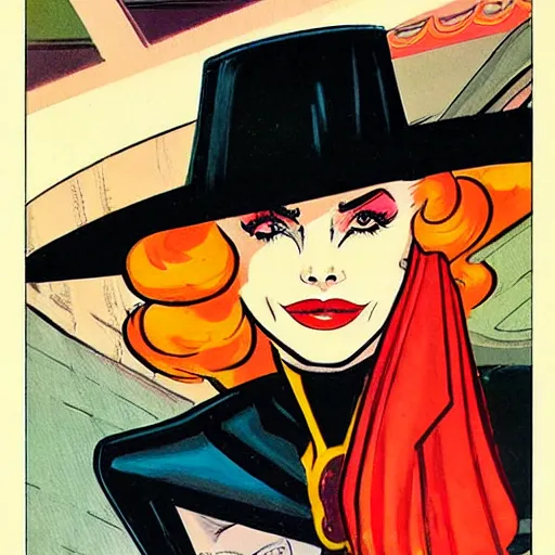 Prompt: a painting of a woman in a hat and coat, a comic book panel by howard chaykin, behance, cobra, 1 9 7 0 s, marvel comics, dc comics - h 7 6 8