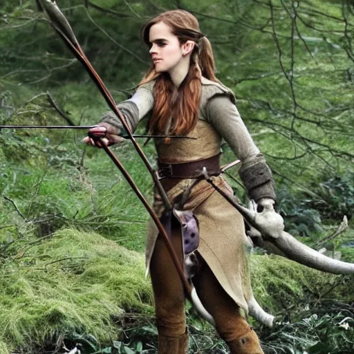 Image similar to emma watson as a wood elf, hunting with a bow