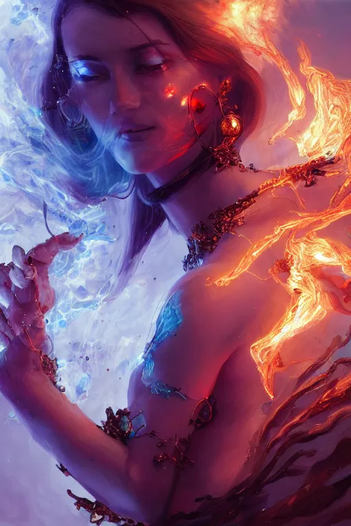 Image similar to torso closeup model wearing exploding fire crystal dress, sorcerer, diamonds, angel, fantasy, dramatic lighting, highly detailed, digital painting, holding electricity, magic the gathering, hyper detailed, 3 d render, hyper realistic detailed portrait, peter mohrbacher, wlop, ruan jia