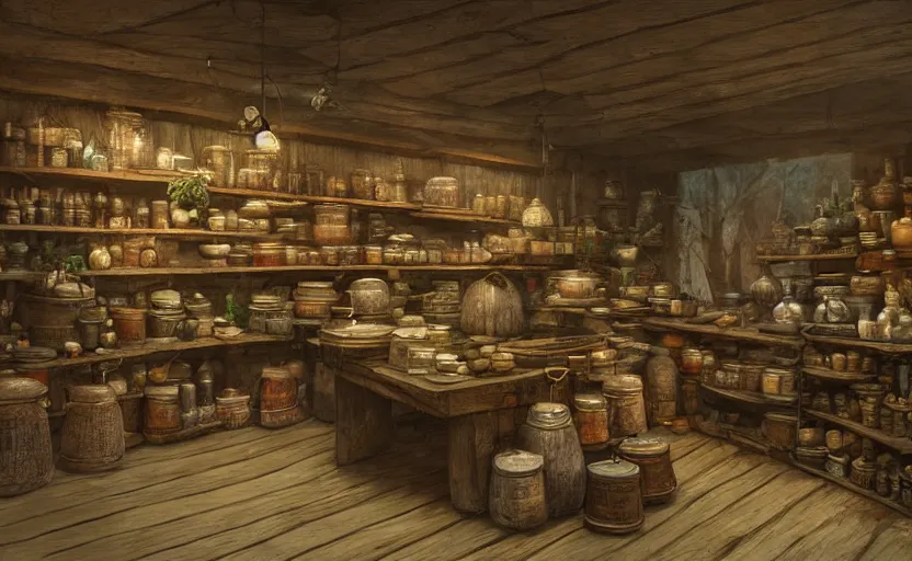 Image similar to an herbalist shop a wood counter and cabinets in the center, simple adobe wall,, simple wood shelves, lots of jars and boxes of herbs, torch lit warm dark fantasy matte painting in the style of ruan jia and craig mullins