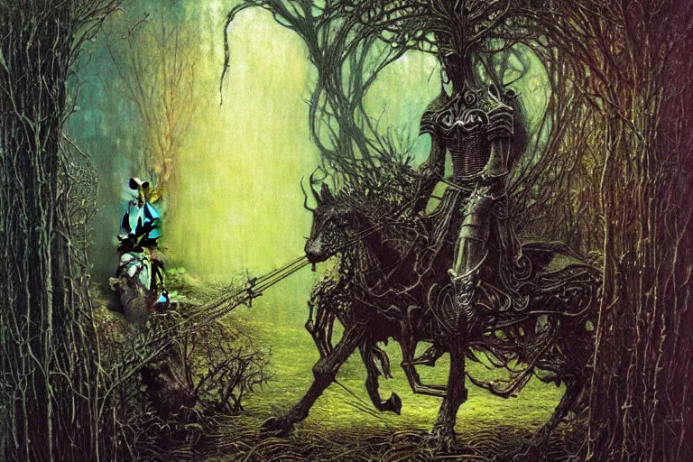 Image similar to knight in enchanted lovecraftian garden by jean delville, luis royo, beksinski, grimshaw
