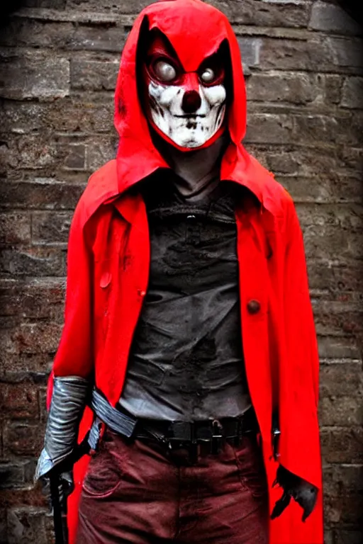 Image similar to red hood cosplay, creepy, disturbing, bloody, darkness, grainy