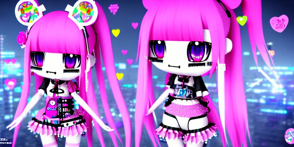 Image similar to 3 d anime render of a decora gyaru kawaii cybergoth emo fashion model vtuber, in a cyberpunk blade runner maximalist city of my melody sanrio plushies, artstation cgsociety