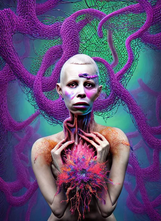 Image similar to hyper detailed 3d render like a Oil painting - Yolandi Visser seen Eating of the Strangling network of yellowcake aerochrome and milky Fruit and Her delicate Hands hold of gossamer polyp blossoms bring iridescent fungal flowers whose spores black the foolish stars by Jacek Yerka, Mariusz Lewandowski, Houdini algorithmic generative render, Abstract brush strokes, Masterpiece, Edward Hopper and James Gilleard, Zdzislaw Beksinski, Mark Ryden, Wolfgang Lettl, hints of Yayoi Kasuma, octane render, 8k