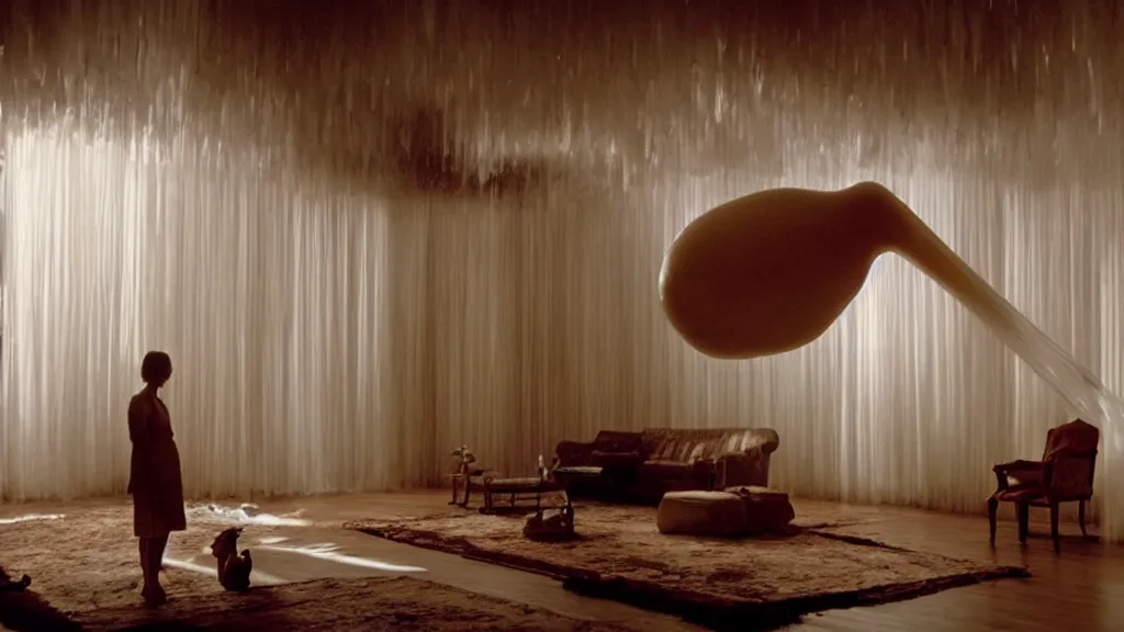 Image similar to a giant hand made of wax and water floats through the living room, film still from the movie directed by Denis Villeneuve with art direction by Salvador Dalí, wide lens