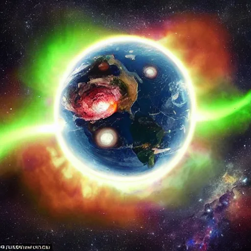 Image similar to look in the sky, you can see an enormous alien ship firing a plasma beam at the earth’s surface! The beam causes a huge explosion that rips the ground up into the air with a giant shockwave