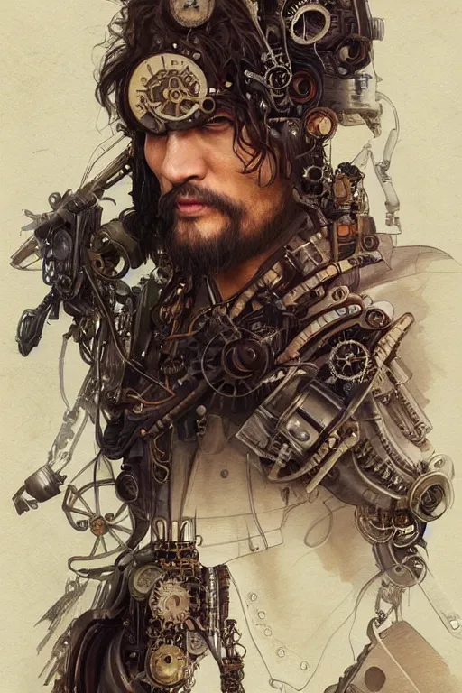 Image similar to jason momoa as a steampunk cyborg, portrait, western, steampunk, duster, fantasy, intricate, elegant, highly detailed, digital painting, artstation, concept art, sharp focus, illustration, art by artgerm and greg rutkowski and alphonse mucha