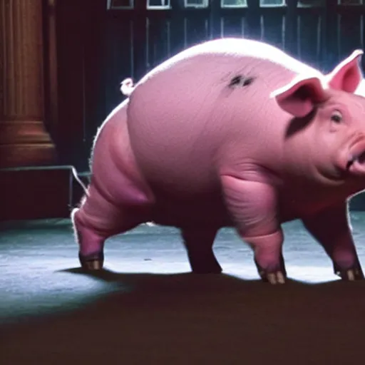 Image similar to Live Action Still of pig in Ghostbusters, real life, hyperrealistic, ultra realistic, realistic, highly detailed, epic, HD quality, 8k resolution, body and headshot, film still,Exquisite detail, post-processing, masterpiece, Cinematic Lighting, Unreal Engine, 8k, HD