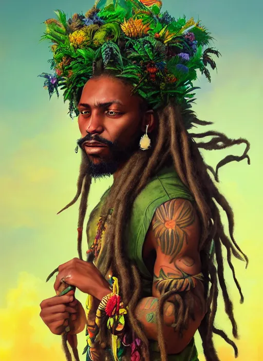 Prompt: portrait of fearless jamaican rasta warrior with flowing dreadlocks, surrounded by flowers of ganja. afrogoth matte painting concept art, beautifully backlit, intricate digital painting, subtle tones, cinematic aesthetic octane render, grimdark, by rhads, james jean, ross tran and artgerm