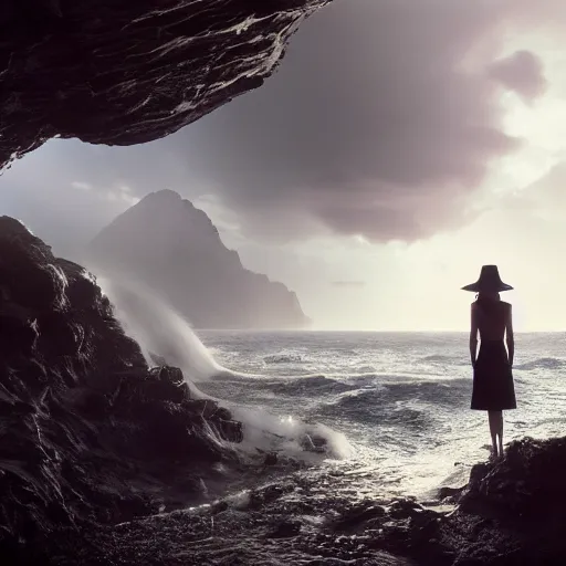 Prompt: photograph with stylish lens effect, stylistic lighting, 1 9 8 0's sci - fi epic artistic style, weta digital, octane render, a woman in a black dress and hat standing in the cliffside entrance to a cave alongside crashing dramatic ocean waves with sea foam and sea spray, an ancient greek trireme