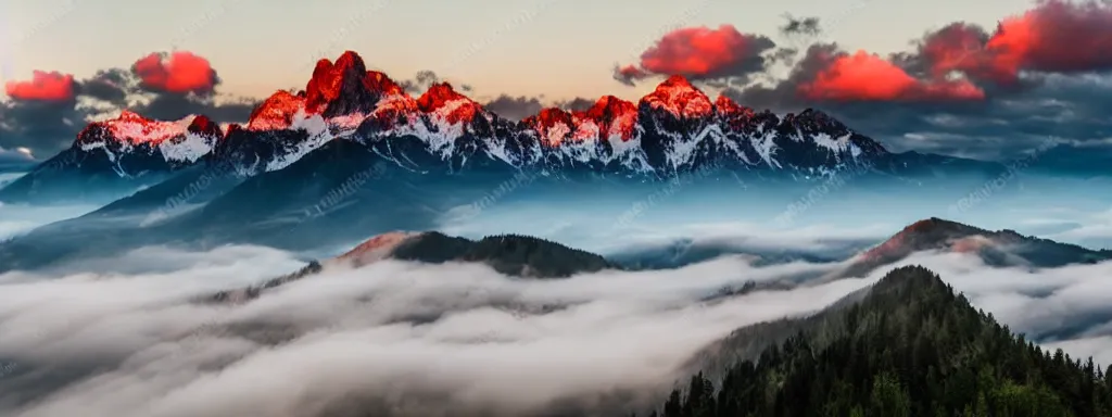 Prompt: beautiful mountain range early in the morning with cumulus clouds