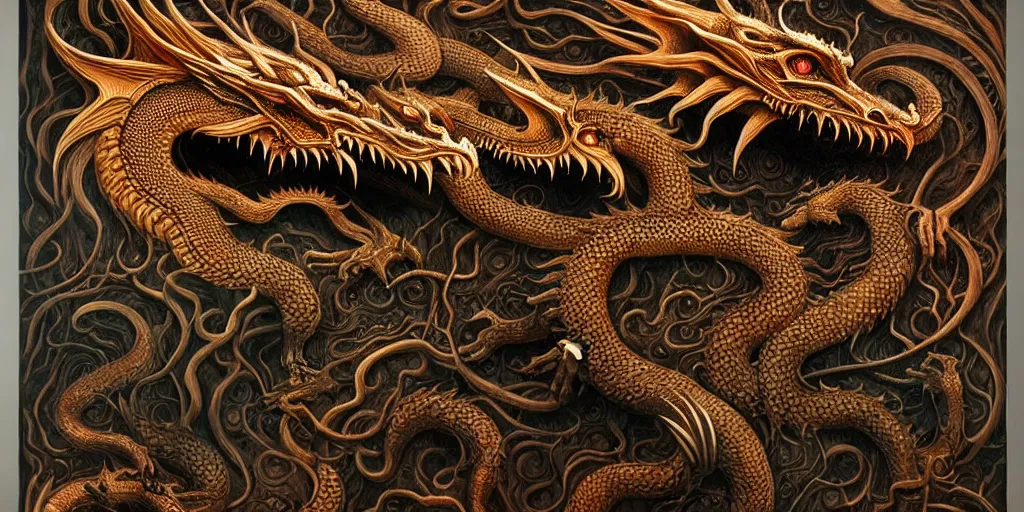 Image similar to nine chthonic dragon heads as hydra art by Daniel Dos Santos, Beksinski, Giger, intricate colourfully painted carved wood paneling, dark souls, ivory and copper , artstation