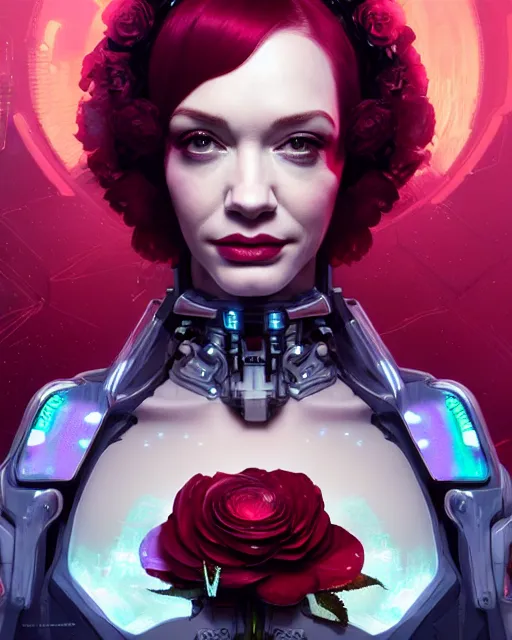 Prompt: portrait of christina hendricks with roses, cyberpunk cyborg. roses, sci - fi, intricate abstract upper body intricate artwork, by tooth wu, wlop, beeple, dan mumford. concept art, octane render, deviantart, greg rutkowski, cinematic arthouse, key art, hyper realism, iridescent accents