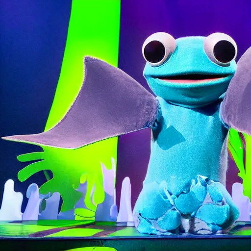 Image similar to an adorable shy nervous manta ray muppet, in the style of the muppets, it is a manta ray character with manta ray arms, designed by spongebob the musical on broadway, real, photograph, cinematic