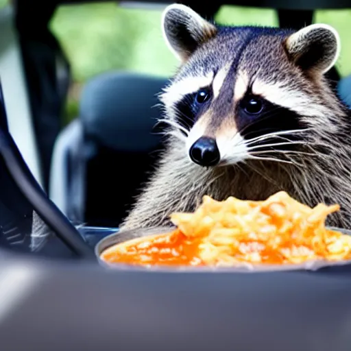 Prompt: a raccoon sitting in a car seat spilling sauce on his shirt from a takeout box