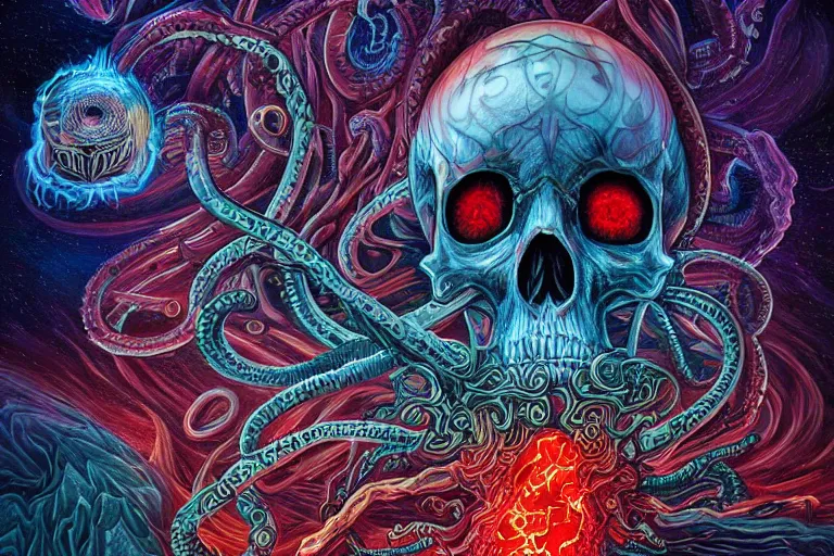 Image similar to a giant skull with intricate rune carvings and red eyes with lovecraftian tentacles emerging from a space nebula by dan mumford, smoke trails, digital art, photorealistic, vivid colors, highly detailed, intricate