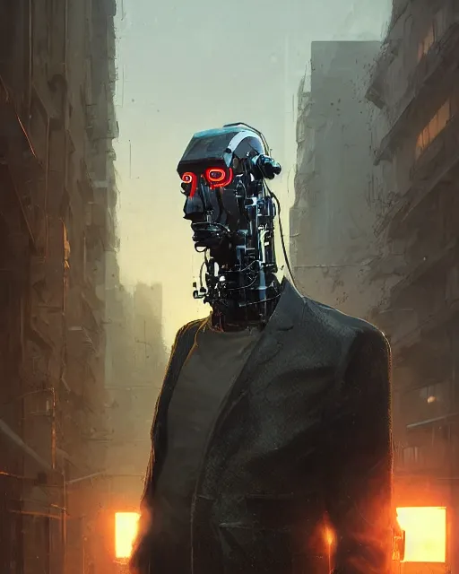 Prompt: a masked rugged engineer man with cybernetic enhancements lost in the city, scifi character portrait by greg rutkowski, esuthio, craig mullins, 1 / 4 headshot, cinematic lighting, dystopian scifi gear, gloomy, profile picture, mechanical, half robot, implants, dieselpunk