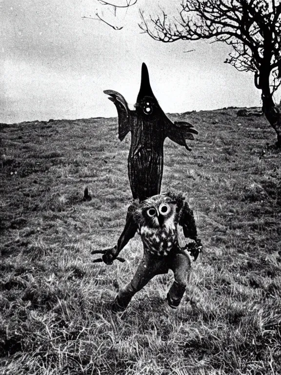 Image similar to 1 9 7 0's photo of the sighting of the cornish owlman, the owlman of mawnan