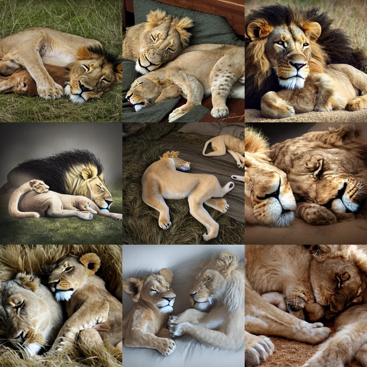 Prompt: Realistic image of lion and lamb sleeping together