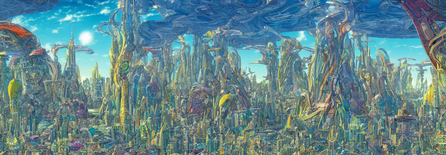 Prompt: beautiful landscape mural of a great advanced futuristic city in an alien planet, futuristic landscape, vivid colors, intricate, highly detailed, masterful, fantasy world, in the style of moebius, akira toriyama, jean giraud, 8 k, crystal clear illustration,