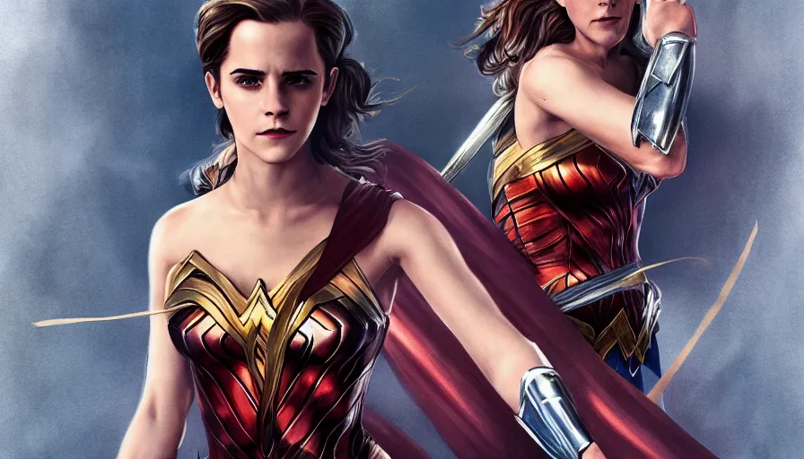 Prompt: Emma Watson is Wonder Woman, hyperdetailed, artstation, cgsociety, 8k