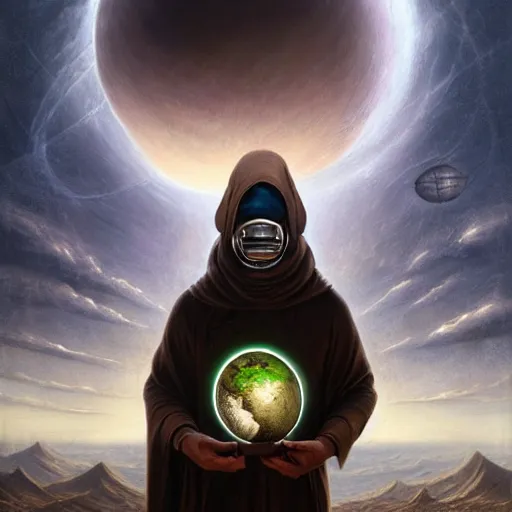 Image similar to masked nomad male wearing a cloak on an alien world and holding a holographic planet projection in his hand, detailed, sci - fi, digital painting, artstation, sharp focus, illustration, ominous, artgerm, tomasz alen kopera, peter mohrbacher, donato giancola, joseph christian leyendecker, wlop, frank frazetta