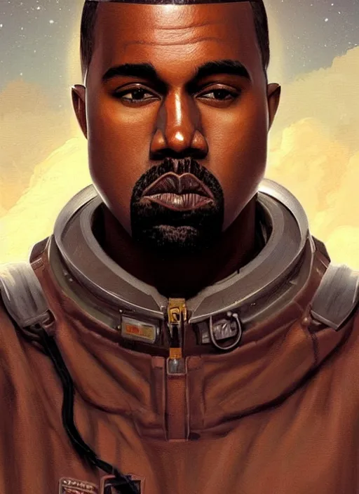 Image similar to pinted portrait of kanye west as a dieselpunk astronaut by greg rutkowski, he is about 3 0 years old, short blond hair, athletic and strong, straight jaw, wearing futuristic space gear, highly detailed portrait, digital painting, artstation, concept art, smooth, sharp foccus ilustration, artstation hq.